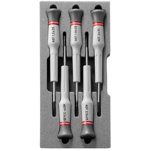 Facom AEF_J1 precision screwdriver set, grey and black handles, top view, foam tray packaging