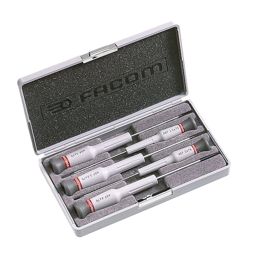 Facom AEF_J2 precision screwdriver set in foam-lined metal case, top view, five screwdrivers.