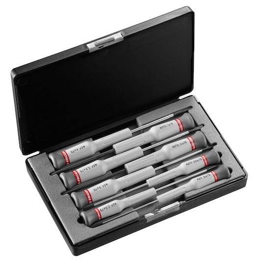 Facom AEF_J3 precision screwdriver set with six grey handled tools in a black case, top angle.