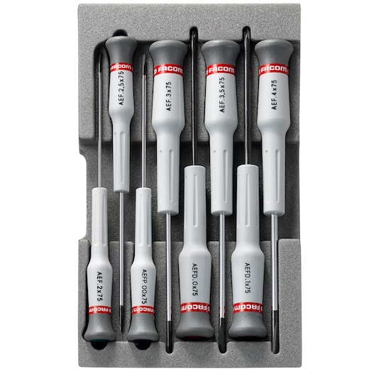 Facom AEF_J3 precision screwdriver set with eight pieces in gray foam tray, top-down angle.