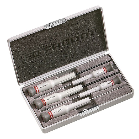 Facom AEF_J5 precision screwdriver set in foam-lined case, photo at angle showing five tools and logo.