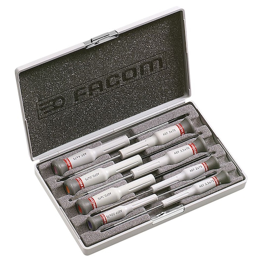 Facom precision screwdriver set AEF_J6 in gray protective case, photographed from above on white background.