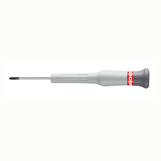 Facom AEFP_1X75 precision Phillips screwdriver with grey handle and black tip, side view on white background.