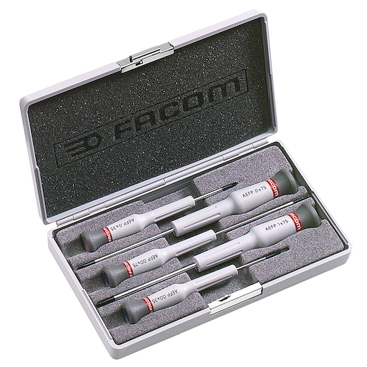 Facom AEFP_J1 precision screwdriver set, five pieces with gray handles, in a protective case, top view.