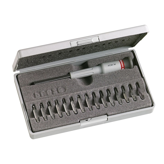 Facom AEM_J1 screwdriver bit set in a gray case, includes screwdriver handle and multiple interchangeable bits, top view.