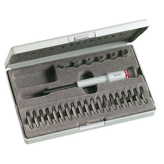 Facom AEM_J2 precision screwdriver set with bits and sockets in gray case, top angle view.