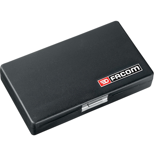 Facom black hard case with logo and metal latch, photography of closed box, SKU AEX_J1, front angle.