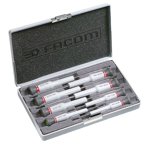 Facom precision screwdriver set in grey case, SKU AEX_J2, photo at angled top view.