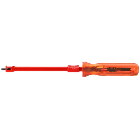 Facom AFR_4X125 insulated slot screwdriver with transparent orange handle, side view, on white background.