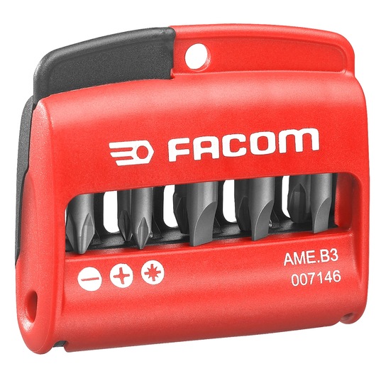 Facom AMEB3 red compact bit set with six metal screwdriver bits in plastic holder, front angle on white background.