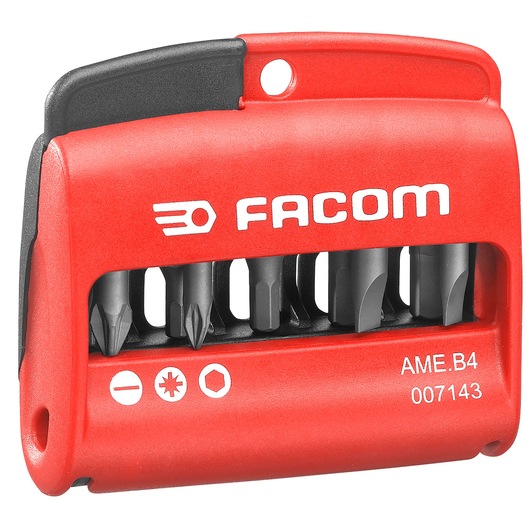 Facom AMEB4 red compact bit set with visible assorted screwdriver bits, front angle on white background.