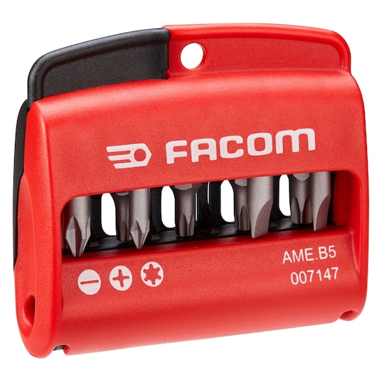 Photo of Facom AMEB5 red compact screwdriver bit set with visible bits and white printed symbols, front angle.