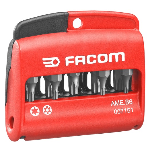 Facom AME_B6 red bit set holder with six metal screwdriver bits, front angle, photography.