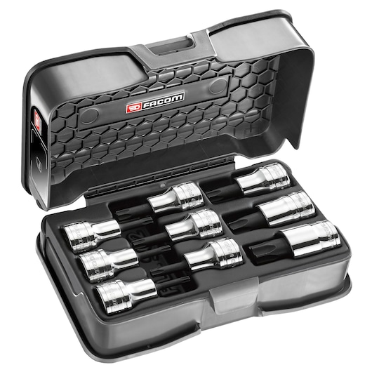 Facom AMEX.3APB socket bit set in black plastic case, eight chrome bits arranged in foam insert, angled view.
