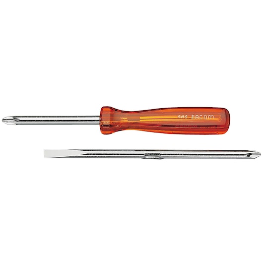 Facom AMS screwdriver set with orange handle and interchangeable flat and Phillips heads, side view.