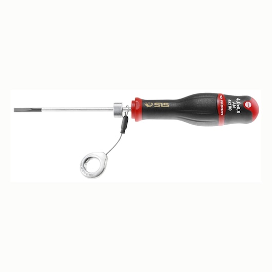 Facom flathead screwdriver with black and red handle and safety tether, side view AN4X150SLS.