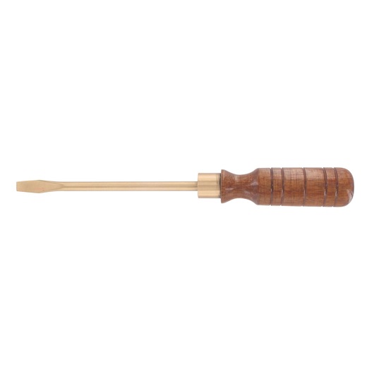 Facom AN8X150SR flathead screwdriver with brass shaft and grooved wooden handle, side view, white background.