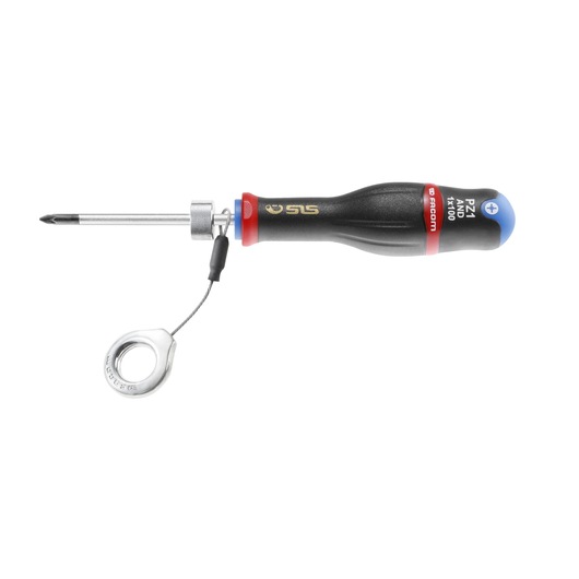 Facom AND3X150SLS Phillips screwdriver with black handle, red accents, and attached safety cable, side view.