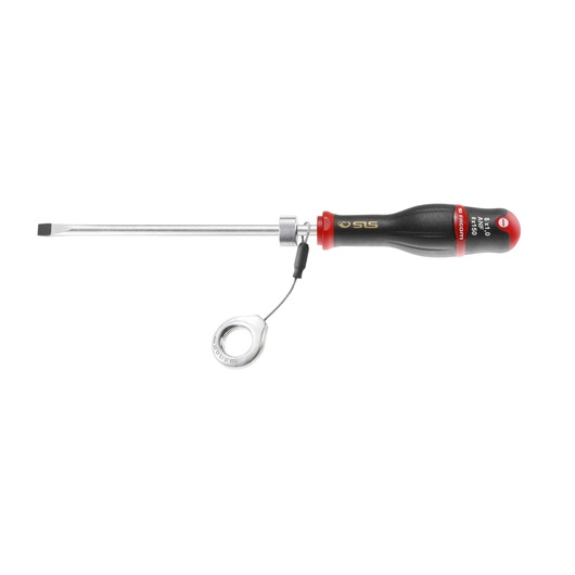 Facom flathead screwdriver with black and red handle and SLS lanyard, side view, ANF8X150SLS.