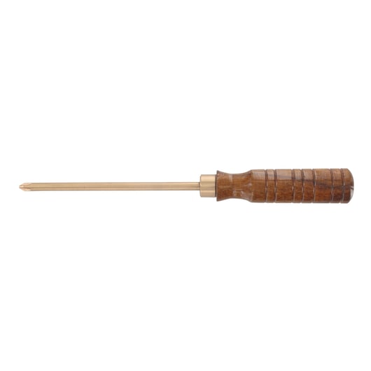 Facom ANP2X100SR Phillips screwdriver with brass shaft and ridged wood handle, side view on white background.