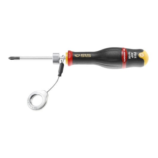 Facom PH1 safety screwdriver with tether, black and yellow handle, side view, ANP3X150SLS.
