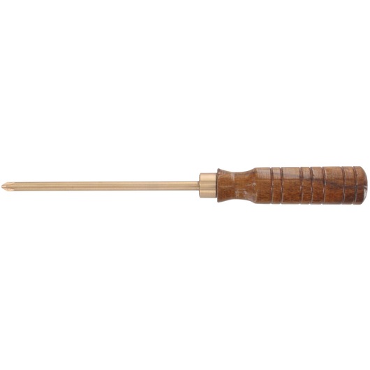 Facom ANP3X150SR brass Phillips screwdriver with grooved wooden handle, side view on white background.