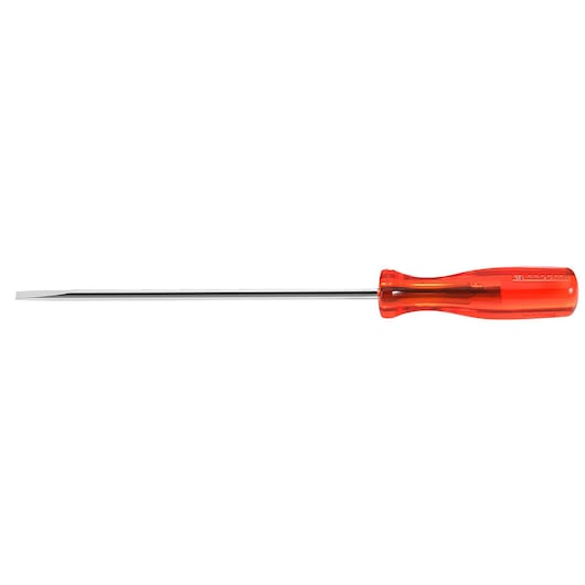 Facom AR_2_5X50 flathead screwdriver with transparent red handle, product photography, side angle.