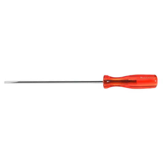 Facom AR_4X150 slotted screwdriver with long chrome shaft and transparent red handle, side view on white background.