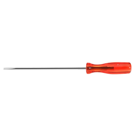 Facom AR_8X150 flathead screwdriver with long metal shaft and translucent red handle, side view on white background.