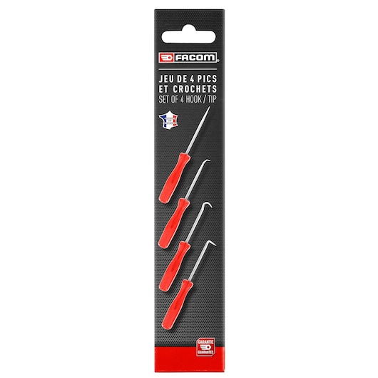 Facom AR.CJ4PB set of 4 hook and tip tools with red handles, product packaging, front angle.