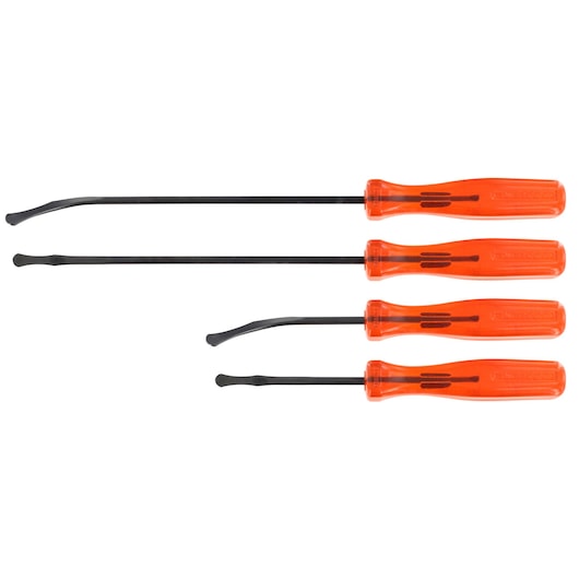 Facom AR_SPJ4PB set of four pry bars with orange handles, side angle, on white background.