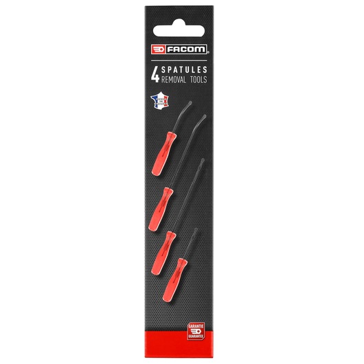 Facom AR_SPJ4PB set of 4 removal spatules with red handles, packaged on black card, front angle.