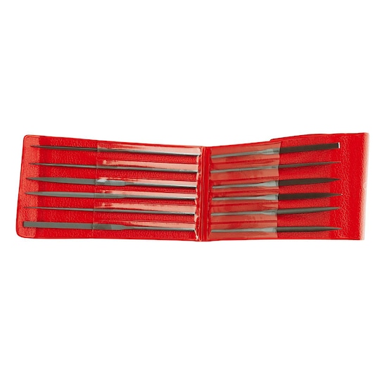 Facom needle file set AS_12LTP180T0A in red pouch, top view on white background.