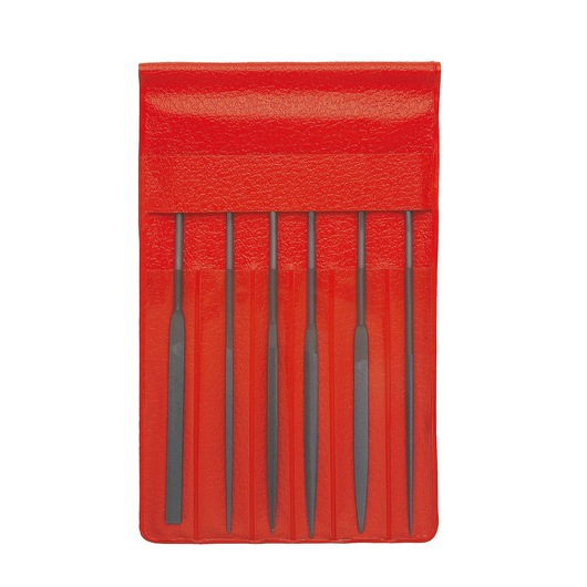 Facom AS6L140T0A needle file set with six files in a red pouch, front angle, photography category.