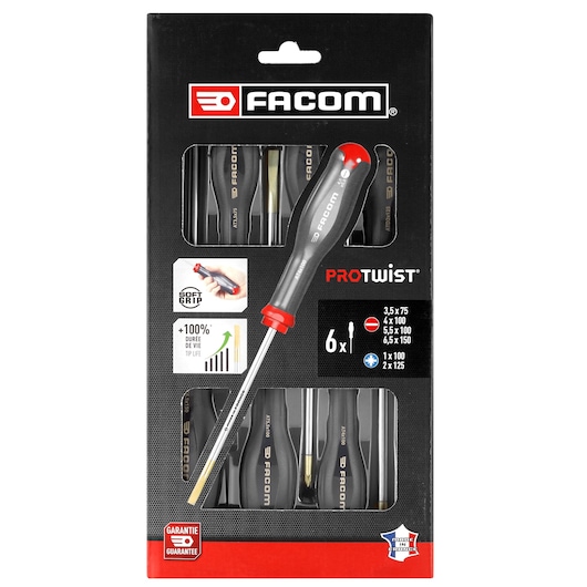 Facom AT.1PB screwdriver set in black and red retail packaging, showing six screwdrivers with soft grip handles, front angle.