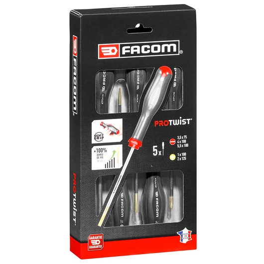 Photo of Facom AT_5PB screwdriver set, 5-piece Protwist™, in black retail packaging, front angle.