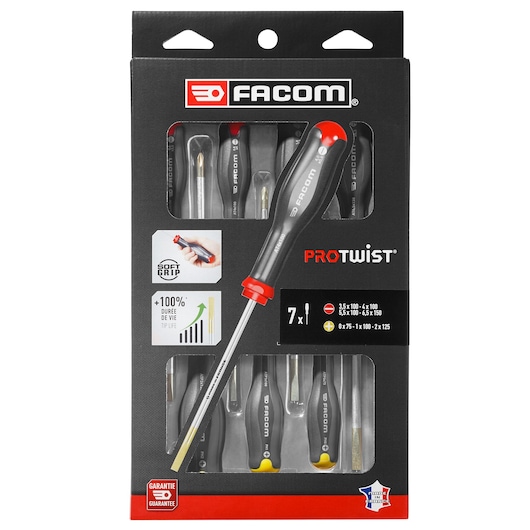 Facom AT_7PB screwdriver set in retail packaging, seven PROTWIST soft grip screwdrivers displayed, front view.