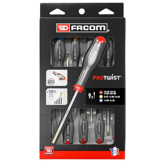 Facom AT_9PB screwdriver set, 9 pieces, PROTWIST series, black and red handles, front packaging view.