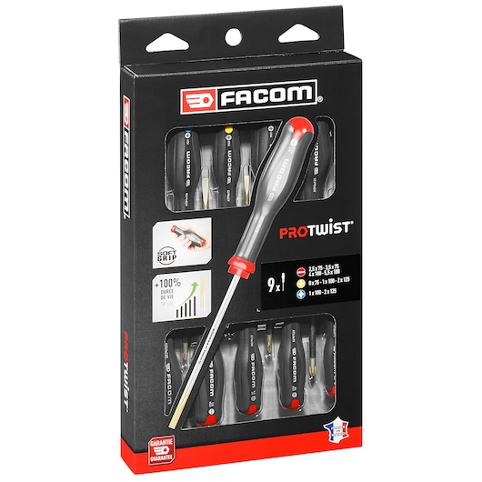 Facom AT_9PB screwdriver set, 9 pieces, black and red handles, in retail packaging, front angle.