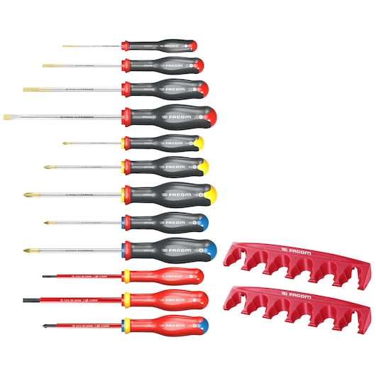 Photo of Facom AT.J12R1PB screwdriver set with twelve screwdrivers in various colors and two red holders, top view.