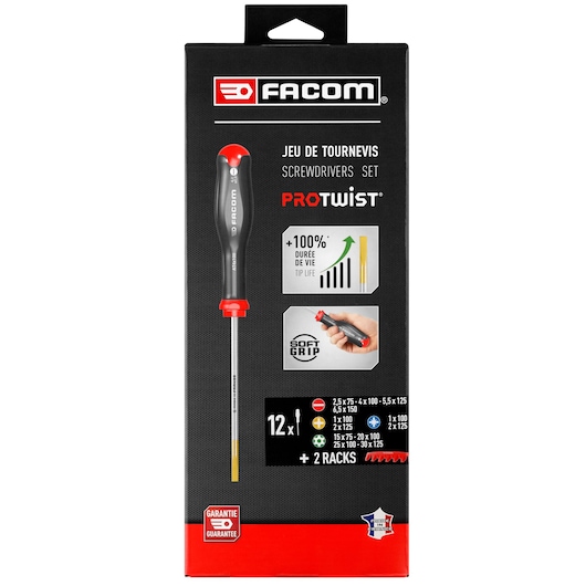Photo of Facom AT.J12R2PB screwdriver set packaging, showing one screwdriver, tip life, soft grip, and 12 pieces with 2 racks.