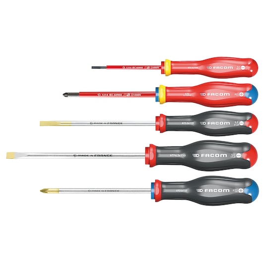Photo of Facom AT.J5VEPB screwdriver set, five screwdrivers with ergonomic handles and color-coded tips, side angle.