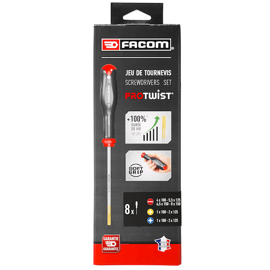 Facom AT_J8PB screwdriver set PROTWIST packaging front view, shows 8-piece set with soft grip handles.