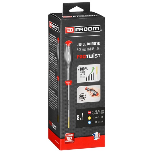 Photo of Facom AT_J8PB screwdriver set box, black packaging with red details, product and features visible, front angle.