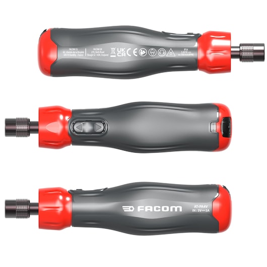 Photo of Facom AT_PA4V electric screwdriver in gray and red, side and top white background angles.