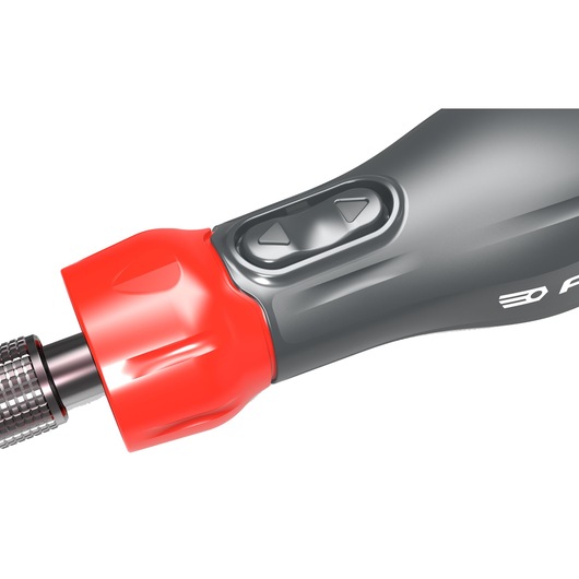 Facom AT_PA4V screwdriver handle close-up, grey and red with directional buttons, product photography.
