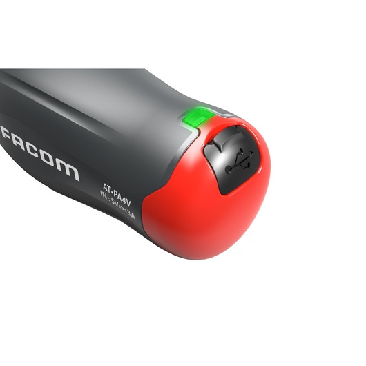 Photo of Facom AT_PA4V tool handle with red base, USB port, and green indicator, side angle.