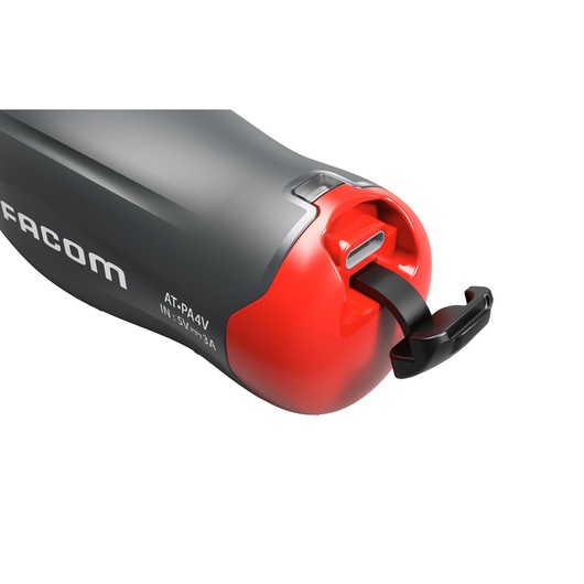 Facom AT_PA4V tool rear angle, grey and red body, visible charging port and pull tab.