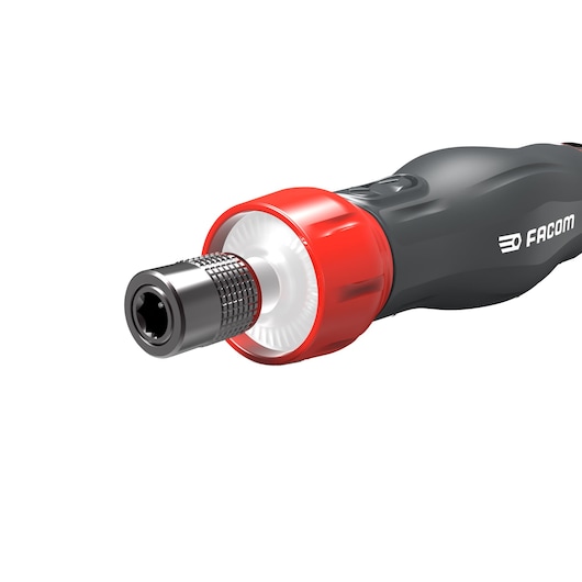 Facom AT_PA4V ratcheting screwdriver with black handle, red collar, front angle, white background.