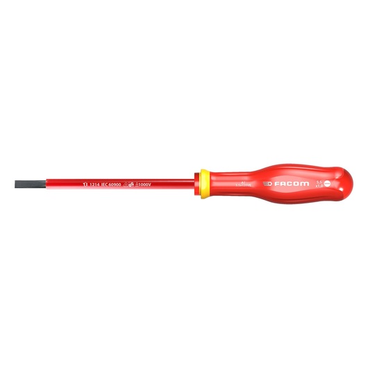 Facom insulated flathead screwdriver AT12X250VE, red and yellow handle, side view, white background.